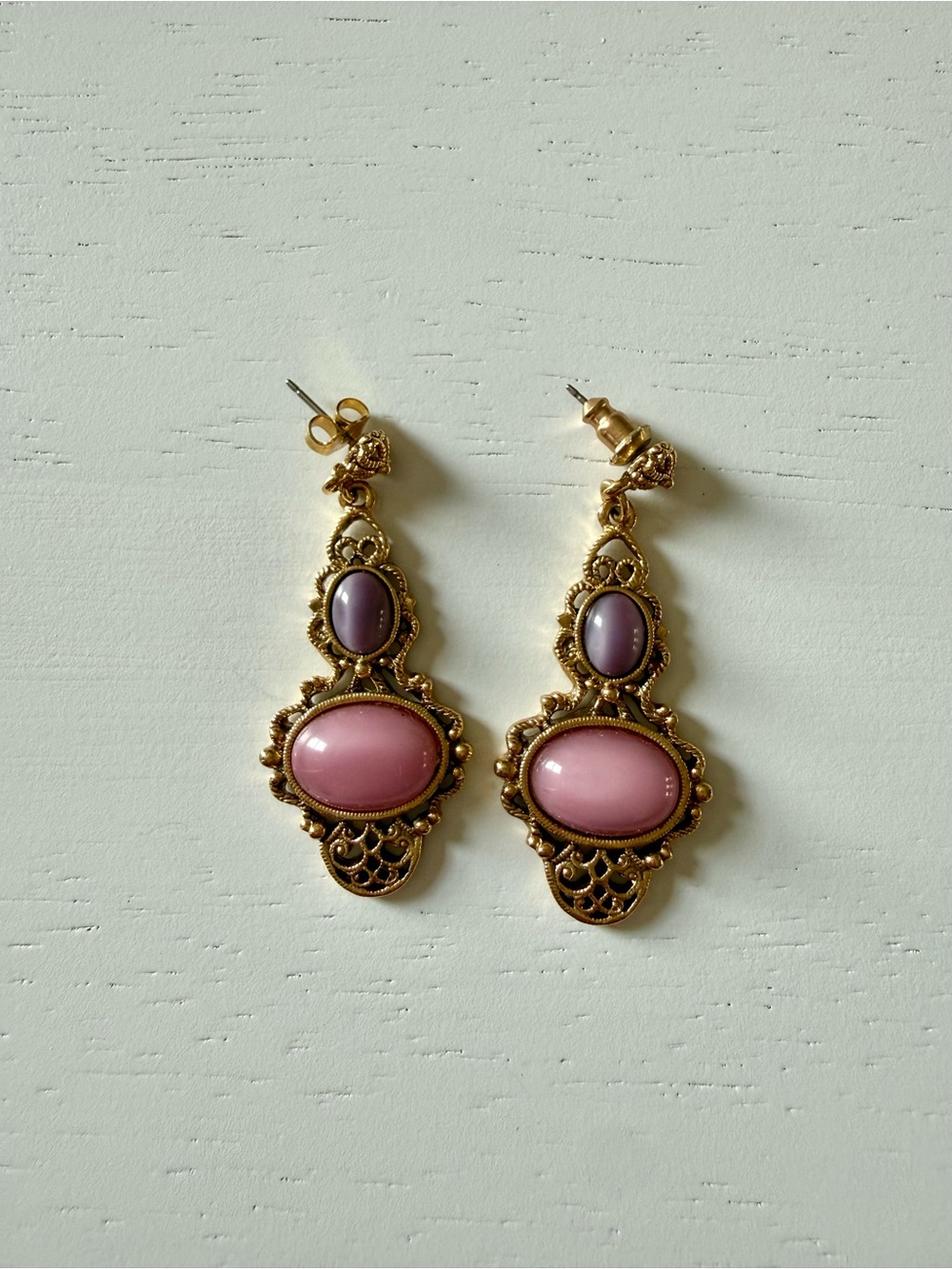 Vintage Victorian Style Pink Cabochon Filigree Dangle Earrings Gold Tone